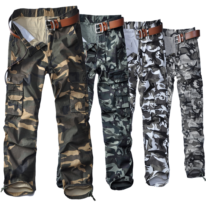 

men"s multi-pockets cotton pants big size straight cargo trousers outdoor sports color casual camouflage long pants, Camo white