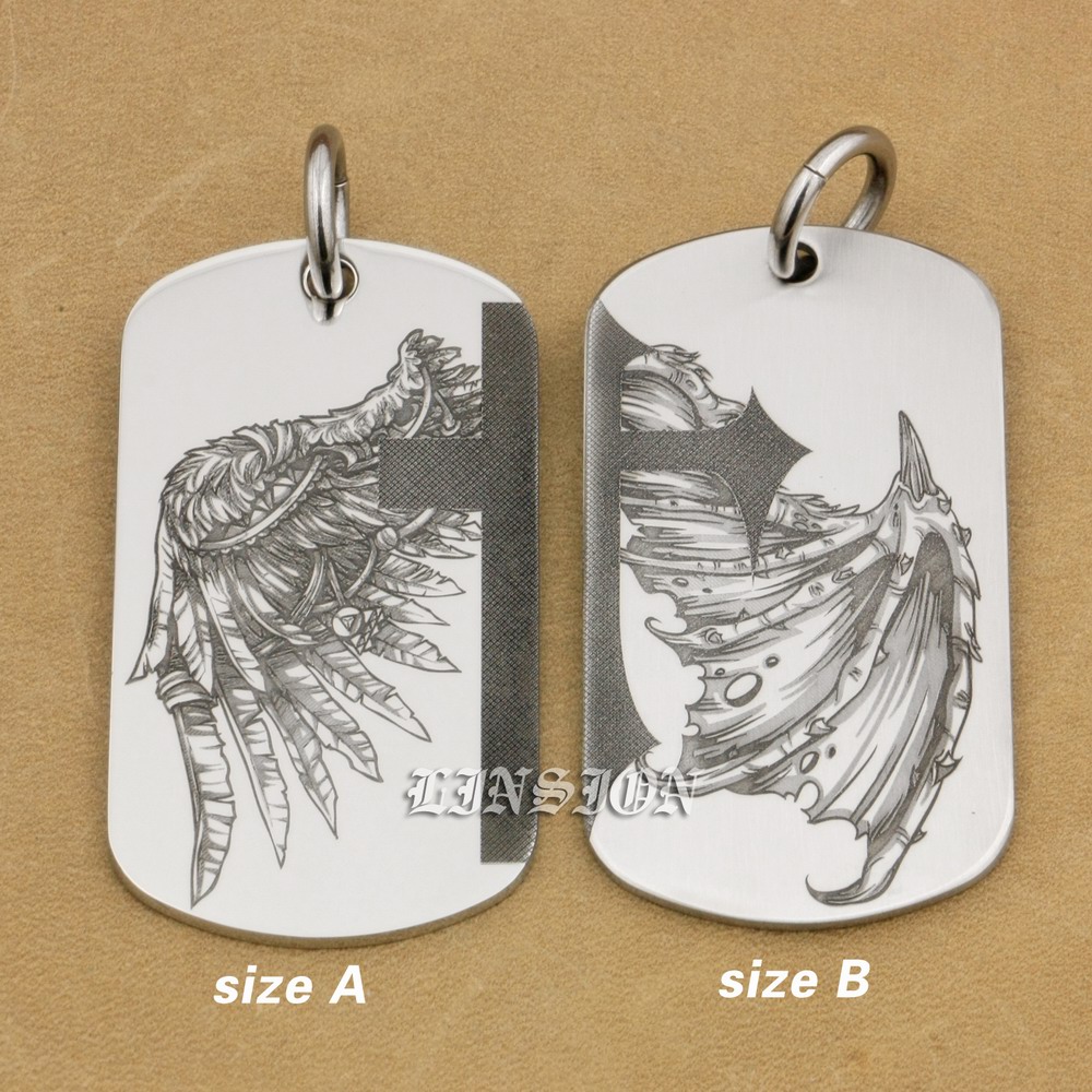 

LINSION Solid 316L Stainless Steel Deep Laser Engraved Angel Wing Devil Wing 2 Sides Charms Pendant 9X221 JP