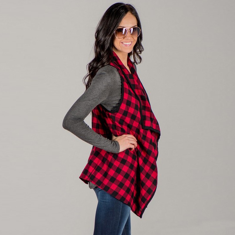 

Women Plaids Vests Sleeveless Jackets Spring Autumn Fashion Lapel Thin Coat Checkered Outwear Feminino Tops, Red plaids