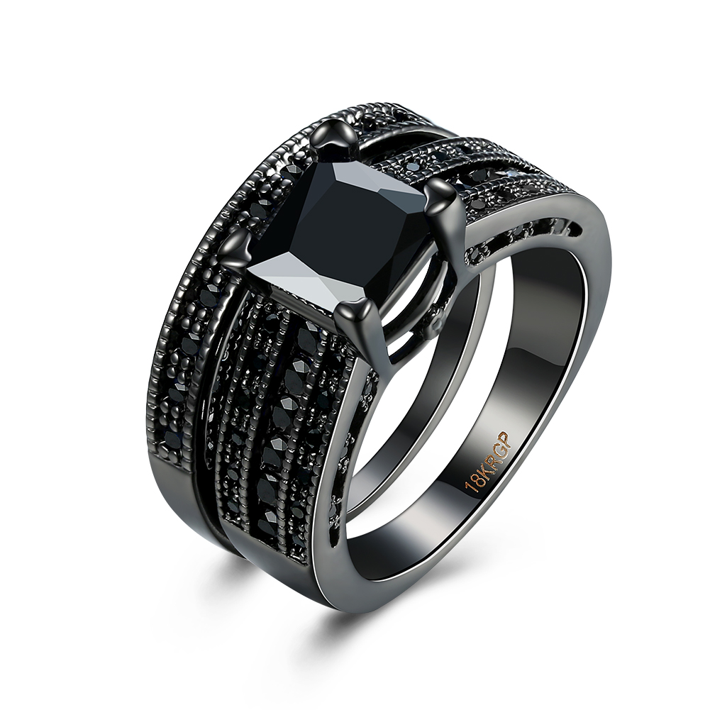 

Fashion 18k Black Gold Plated Black Square Diamond Princess Cut Wedding Engagement Bridal Bands Ring Sets for Women Ladies