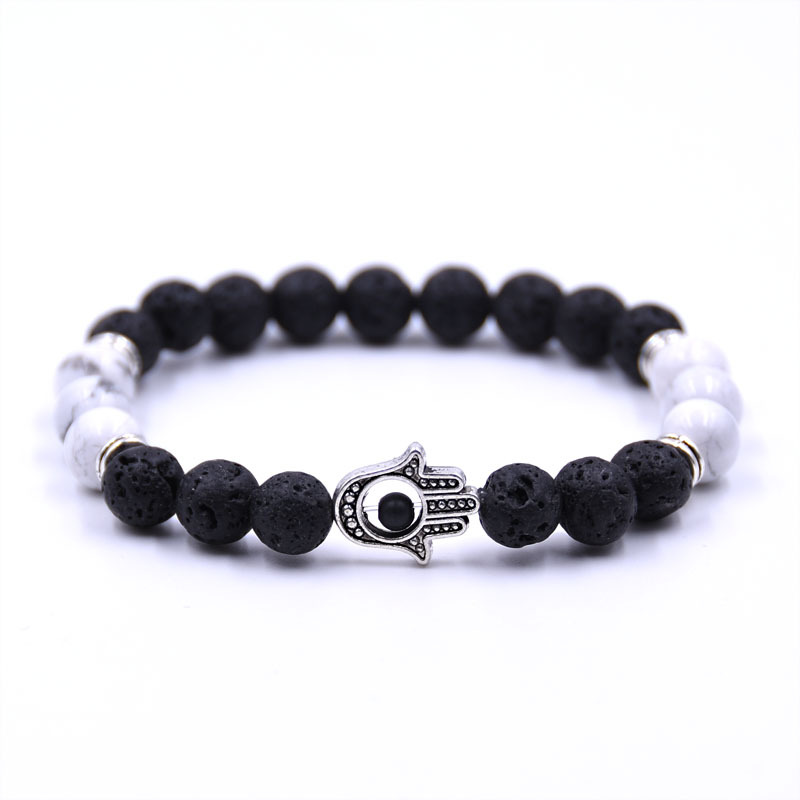 

Many Color Natural Stone Fatima Hamsa Hand Men Bracelet Black Matte Lava Stone Chakra Energy Bracelet Summer Jewelry
