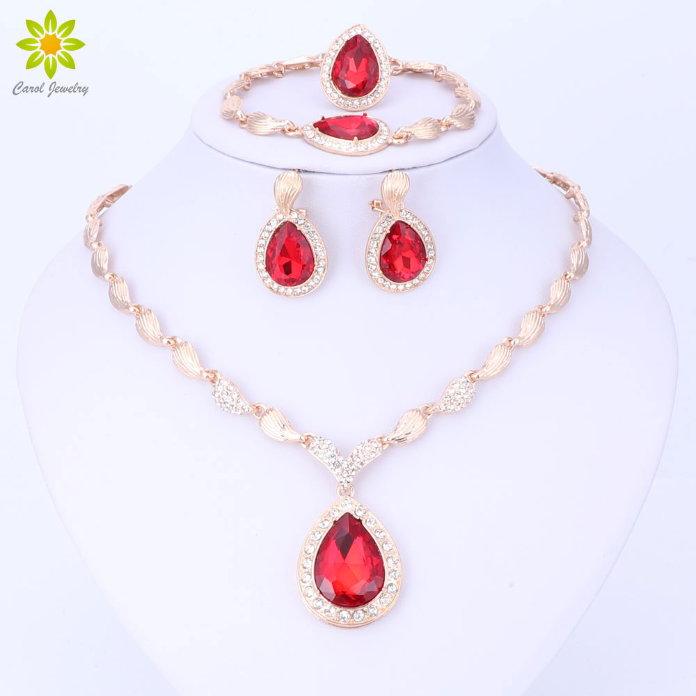 

Fashion Wedding Accessory Gold Plated Crystal Zircon Jewelry Set African Beads Necklace Earring Bracelet Ring Set CZ Diamond