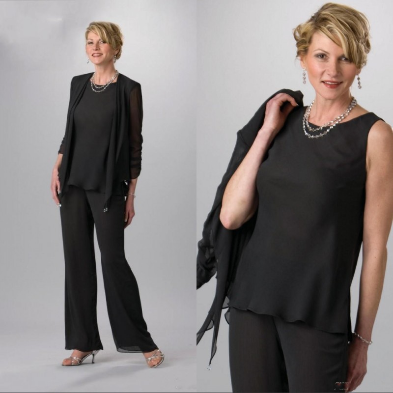 

2020 Mother Of Groom Pants Suits Chiffon Black Women Formal Dress Mother Of Bride Dresses With Jacket Long Mother Evening Dress