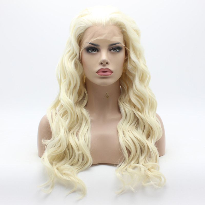 

Iwona Hair Wavy Long White Light Blonde Mix Wig 6#1001/613 Half Hand Tied Heavy Density Synthetic Lace Front Wig