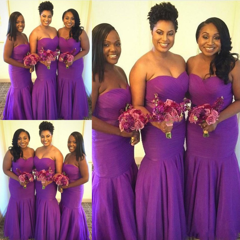

Purple Mermaid Long Bridesmaid Dresses 2019 Sweetheart Ruffles Plus Size Maid Of Honor Gowns African Floor Length Wedding Bridesmaid Gowns