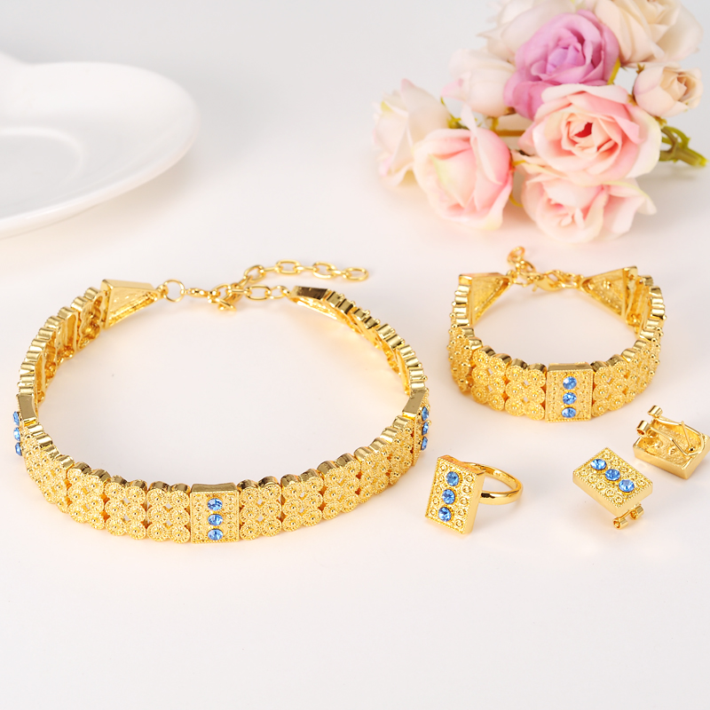 

14k Solid Thick Yellow Gold Filled CZ red green blue Ethiopian Jewelry sets Chokers Necklace/Earrings/Ring/Bracelet Wedding set Heavy Wide