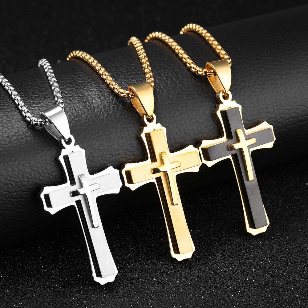 

Gold / Steel Gothic Ethnic Men Cross Pendant Necklace Stainless Steel Statement Bib Necklaces Christmas Gift Jewelry for Boyfriend