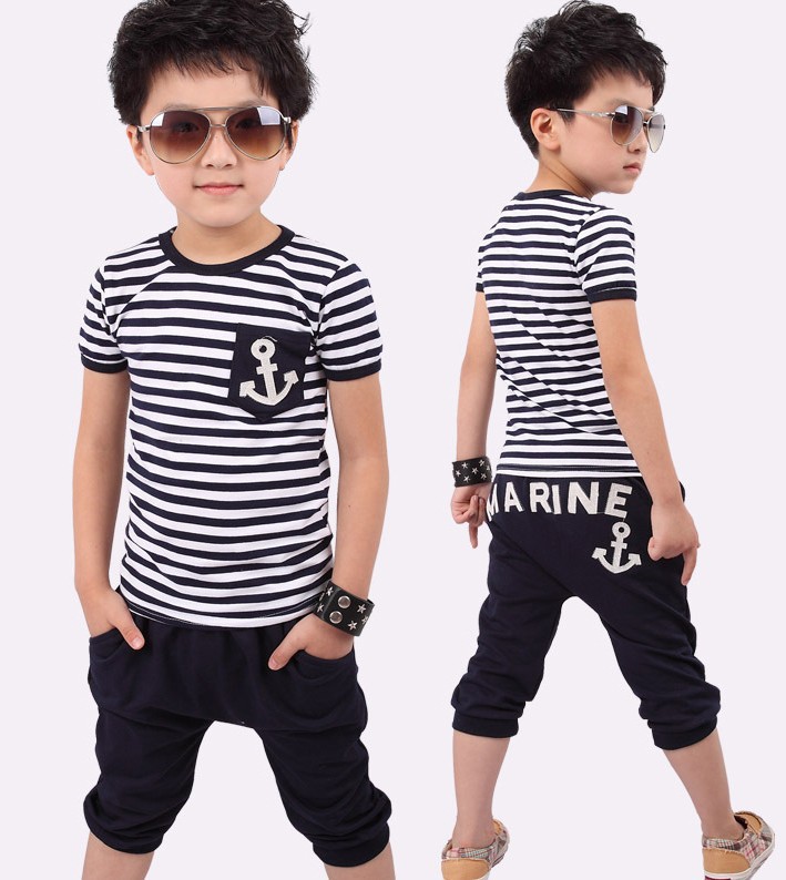 

New 2017 summer clothing sets kids pants + Top boys girls Navy Stripe kids clothes children tracksuit, White