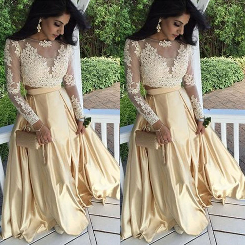

New 2017 Sheer Neck Gold Lace Long Sleeve Top Satin Skirt Two Pieces Prom Dresses Long Cheap Formal Dresses Party Evening EN11091, Hunter green