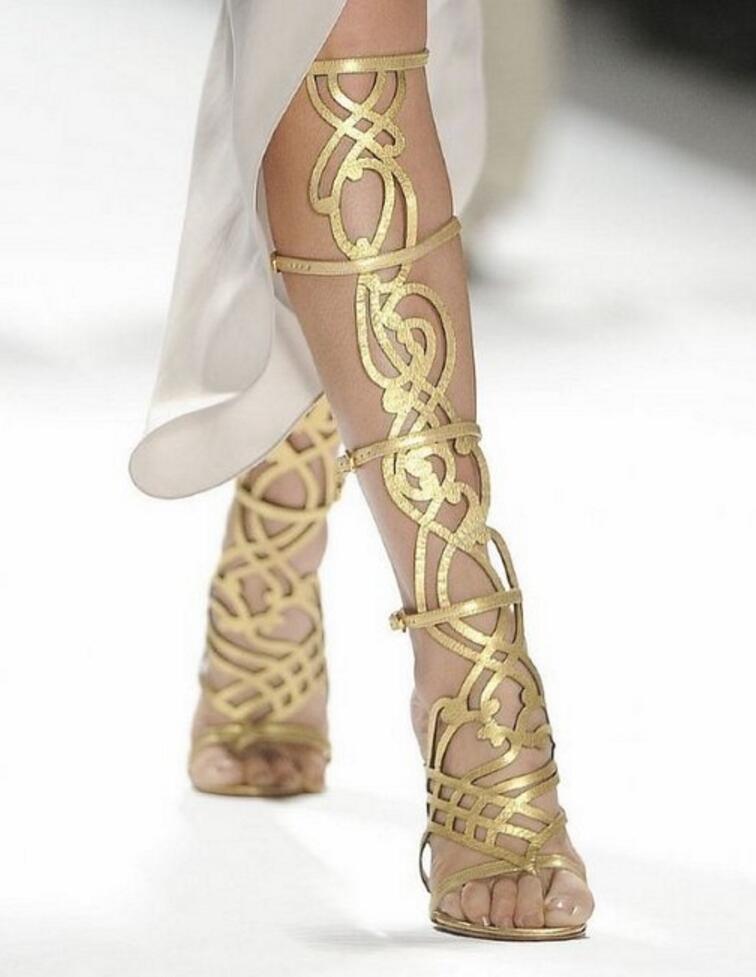 

2017 sexy women knee high boots fashion cuts out booties thin heel point toe gladiator sandals booties gold color dress shoes mujer botas, Multi