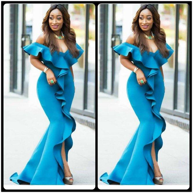 Sexy Ruffles Off Shoulder 2020 Blue Mermaid Prom Dress Satin Front Split Evening Dresses Party Gowns Plus Size Custom Made