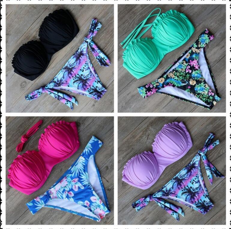 

Women Bikini Set Bandage Push-Up Swimsuit Bathing Beachwear Brazilian Floral Shell Swimsuits Sexy Padded Bra Bathing Suit Monokini KKA1603, 1lot =1set =2pcs=bra+shorts