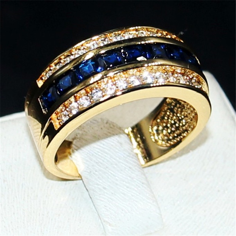 

Luxury Princess-cut Blue Sapphire Gemstone Rings Fashion 10KT Yellow Gold filled Wedding Band Jewelry for Men Women Size 8,9,10,11,12