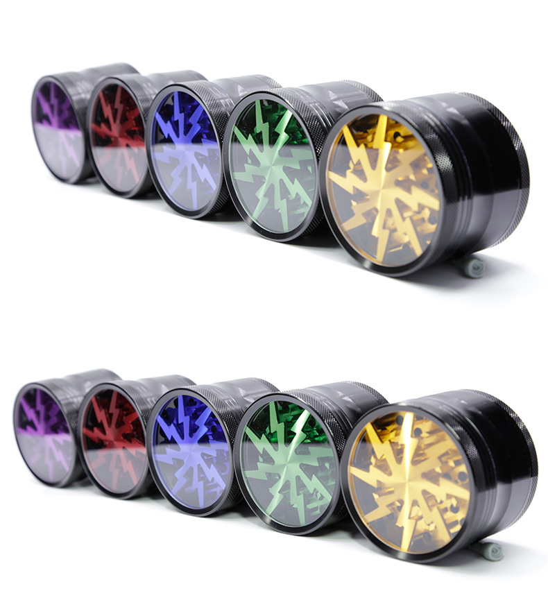 

ChTobacco Smoking Herb Grinders Four Layers Aluminium Alloy Grinder 100% Metal dia 63mm have 5 colors With Clear Top Window