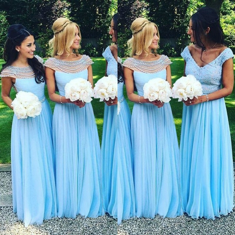 

Charming 2017 Light Sky Blue Tulle Bridesmaid Dresses Long Two Styles Beading Bateau V Neck Lace Maid Of Honor Wedding Guest Gown EN11082