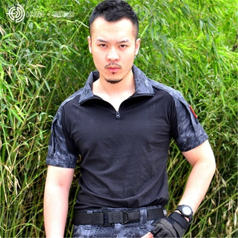 

Summer Russia Soldiers Brave men Jungle Activities short sleeve Camo T-shirt brown green Python pattern Serpentine print Splice Casual Tops, Black python