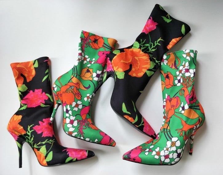 

Fashion Runway Socks Boots Women Elastic Stilettos Floral-Print Plain Socks Boots Pointed Toe Zapato Mujer, As pics 1