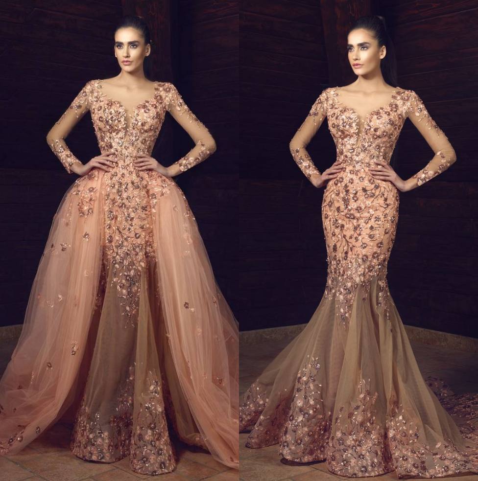 

Chic Beaded Mermaid Formal Dresses Evening Wear With Detachable Train Sheer Plunging Neck Evening Gowns Sleeves Appliques Tulle Prom Dress, Hunter