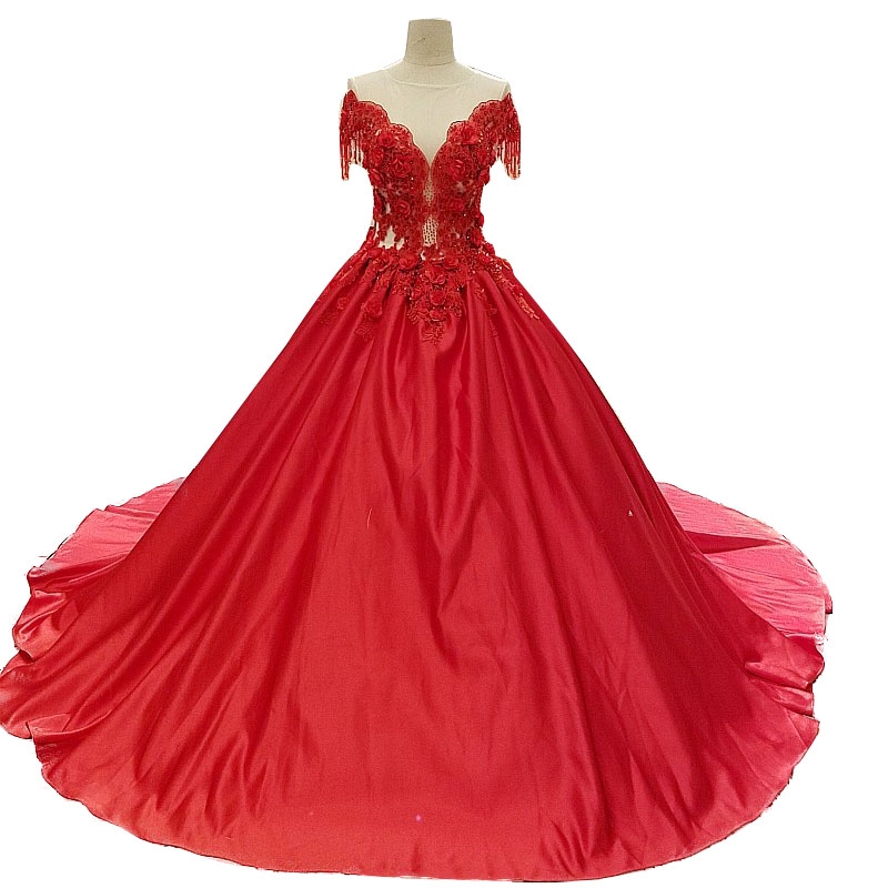 

Colorful Red Custom Made Taffeta Wedding Dresses With Appliqued Off Shoulder Modern Ball Gown V-Neck Garden Wedding Gowns, Ivory