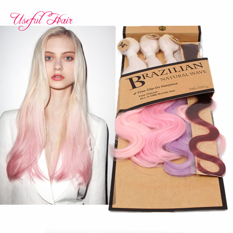 

3+2 for one head brazillian body wave bundles,weaves closure 220gram synthetic braiding hair bundle with lace closure sew in hair extensions, Another color leave message