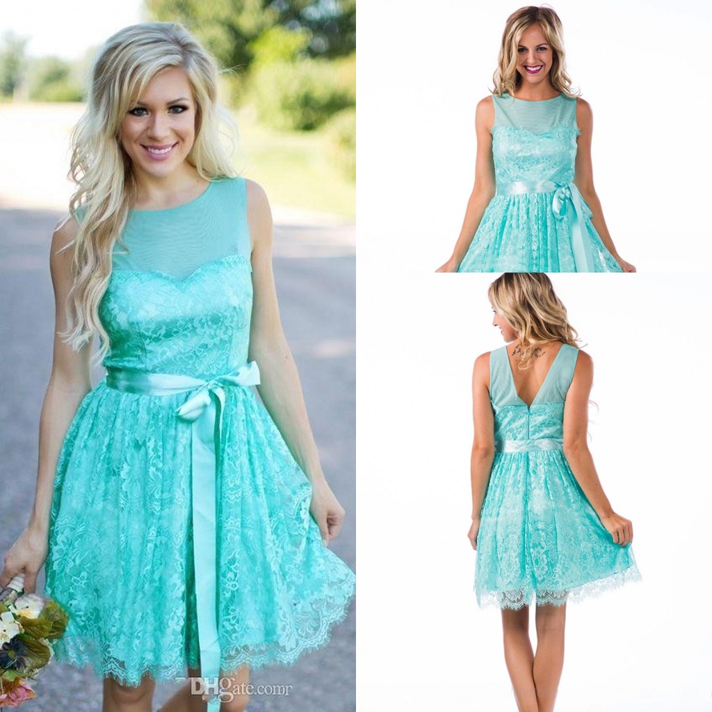 

2017 New Country Turquoise Mint Short Bridesmaid Dresses Wedding Guest Wear Jewel Neck Full Lace Sashes Party Plus Size Maid of Honor Gowns