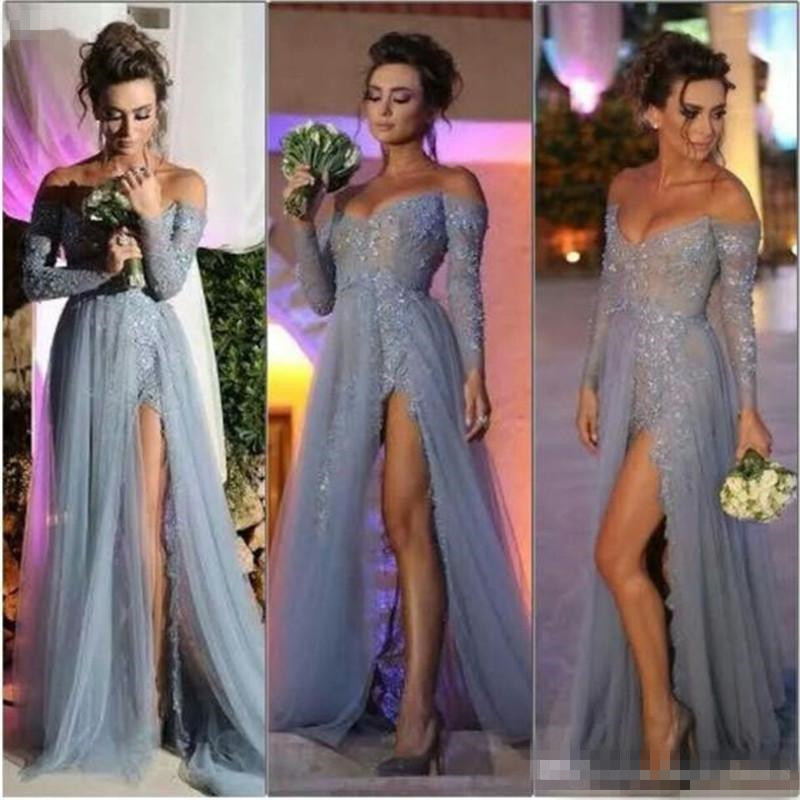 grey chiffon sparkly beaded prom dress