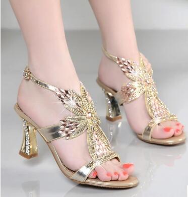 

New Rhinestone Sandals Crystal High Heel Shoes Wedding Shoes Black Silver Gold Strappy Heels Sandales Femme 8cm NXX3