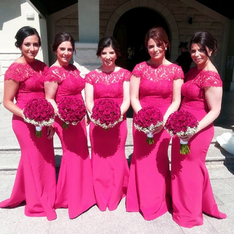 

Elegant 2018 Fuchsia Lace Top Satin Mermaid Bridesmaid Dresses Long Bateau Short Sleeve Maid Of Honor Wedding Guest Dress Custom EN111612