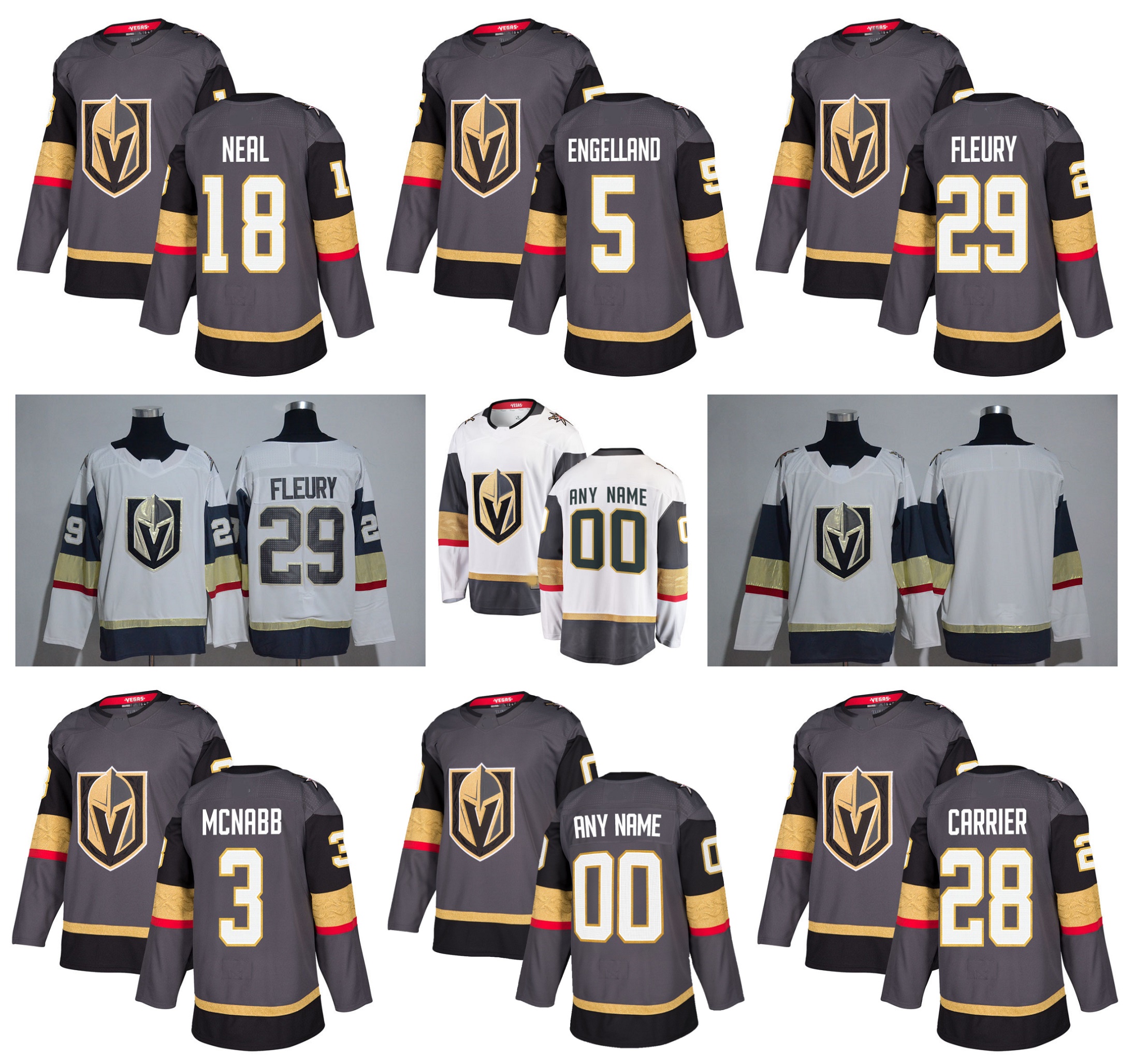 

2019 Custom VGK Vegas Golden Knights Hockey Jersey 29 Marc-Andre Fleury 18 James Neal 75 Ryan Reaves 56 Erik Haula Pierre-Edouard Bellemare, Grey