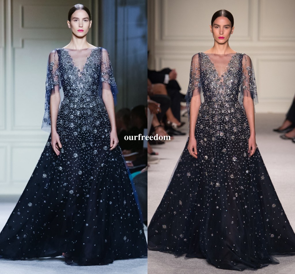 Elie Saab Shining Star Sequins Evening Dresses 2019 Sheer Jewel Neck Dark Navy Tulle Crystal Beaded Prom Pageant Occasion Dresses Custom