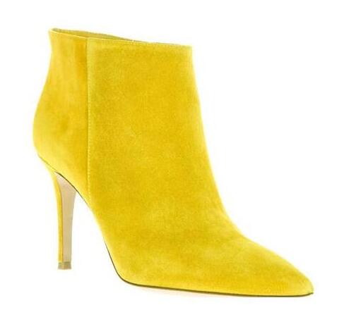 

2017 Autumn Winter Women Ankle Boots high heels suede leather booties yellow point toe party shoes new motorcycle bota, Multi