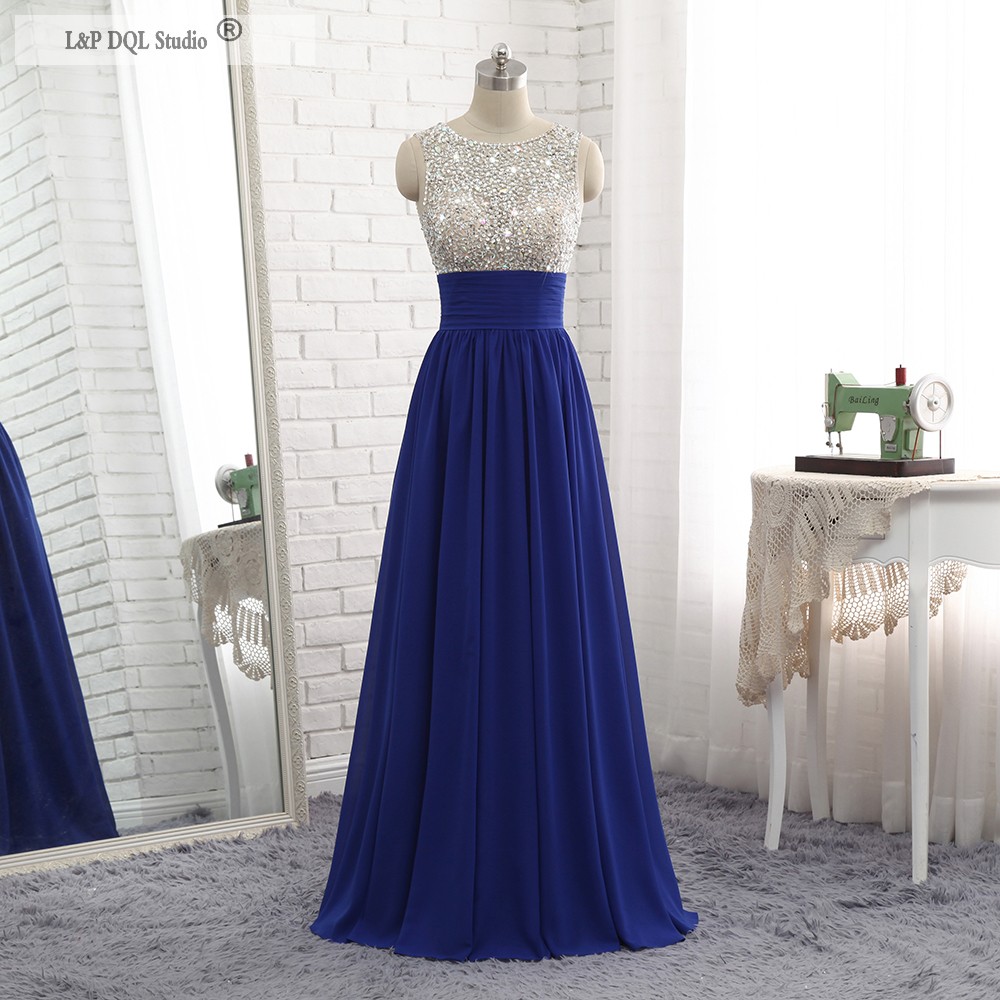 

Sparkling Top Royal Blue Evening Dresses Long Prom Dress Scoop Open Back Pleats Chiffon Long Formal Dress