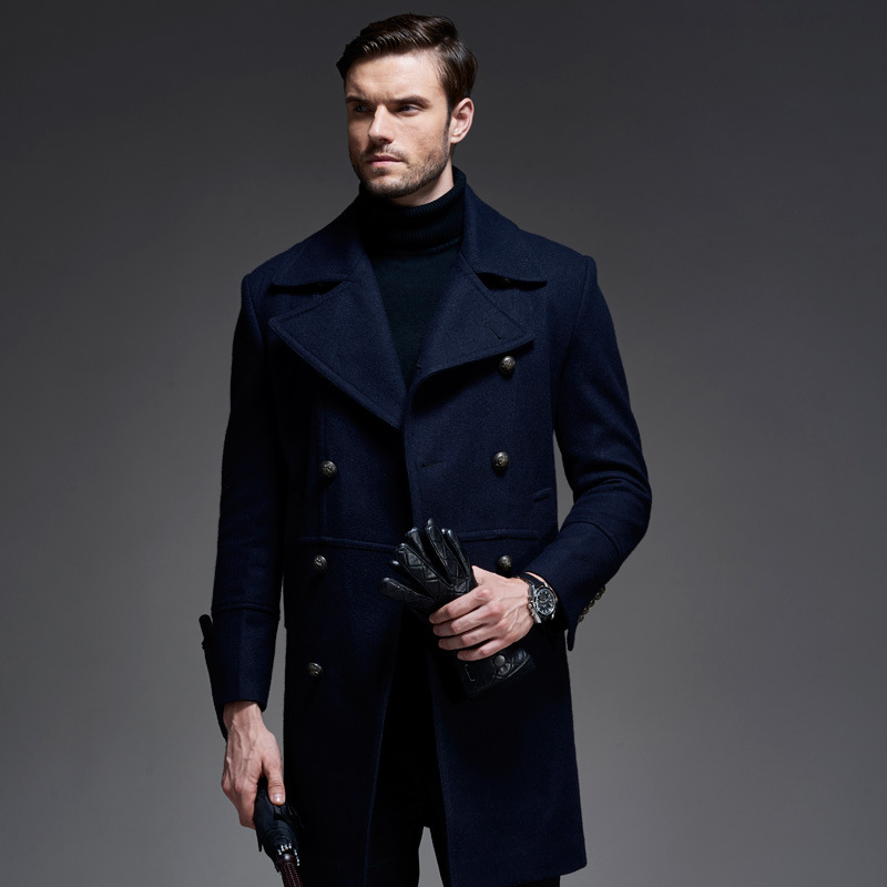 

Wholesale- Winter Long Men's Wool & Blends Turn Down Coll Black Dark Blue Colors