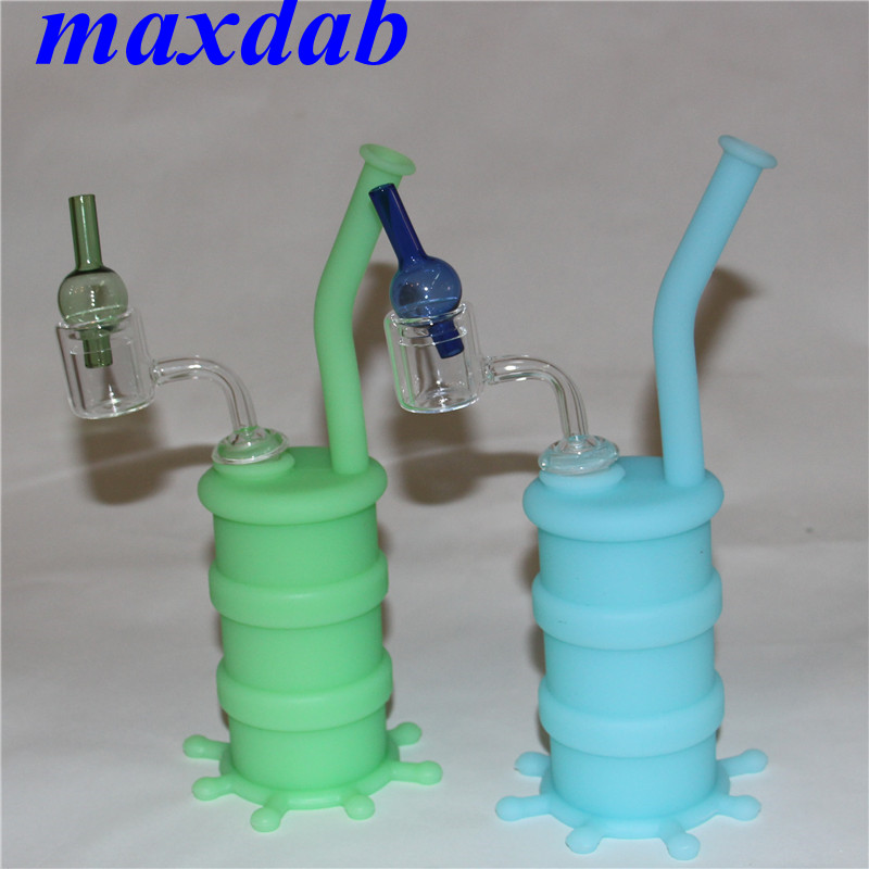 

Glow in the dark silicon oil rig hookah silicon water pipe glass bong with clear 14mm double tube quartz nail and glass carp