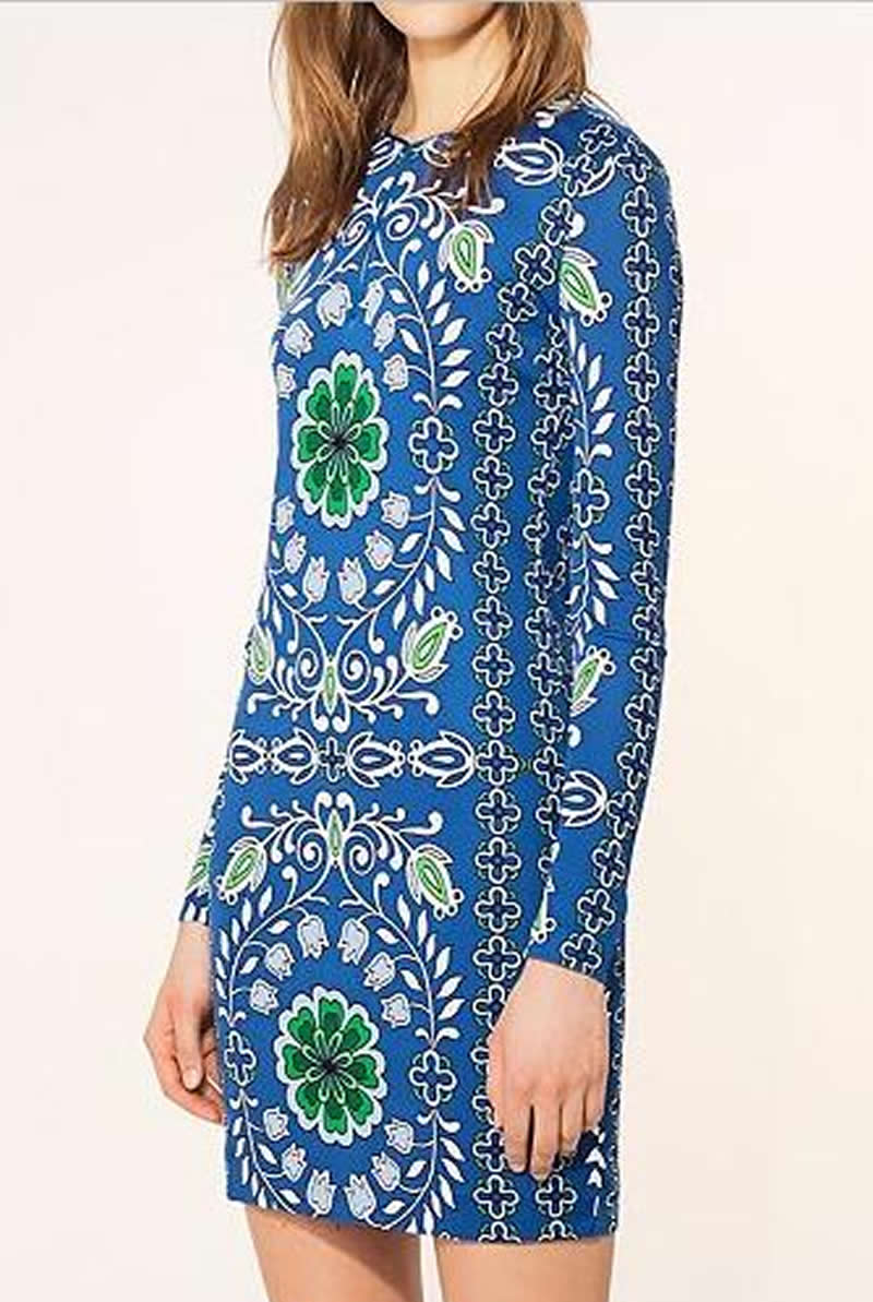 

Vintage Print Women Sheath Dress Elegant 3/4 Sleeve Dresses Round Neck Dresses 06K509, As pictures