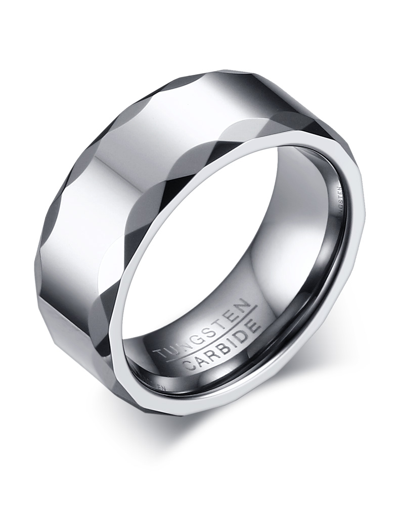 

Free Engraving 8MM High Polished Tungsten Carbide Ring Mens Wedding Band with Faceted Edge, Silver