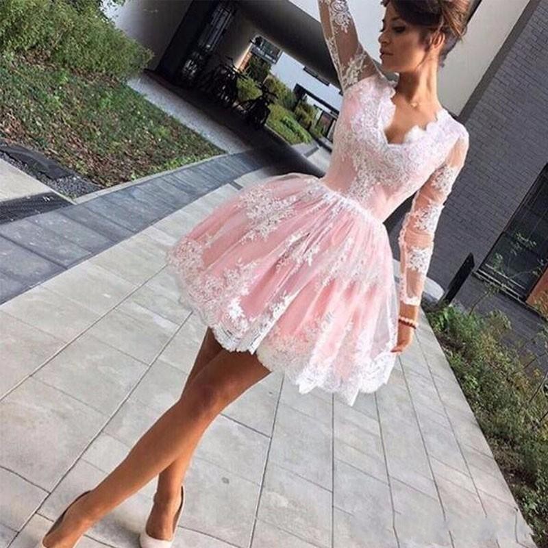 

2018 New Charming Short Homecoming Dresses Simple V Neck Long Illusion Sleeves Party Dresses Lace Applique Prom Cocktail Dresses, Chocolate