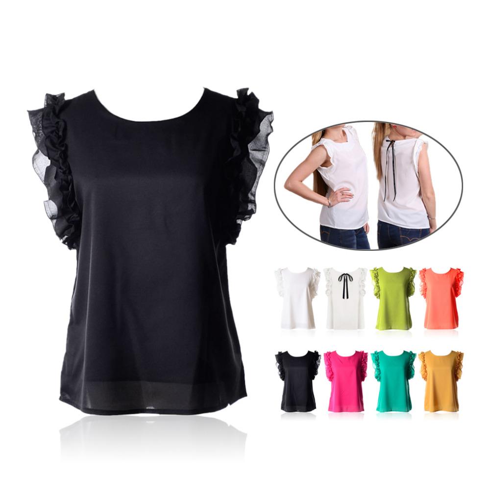 

Wholesale-2016 new 7 colors Lovely womens summer chiffon T-shirts Ruffles fashion solid lady Tops, No 6