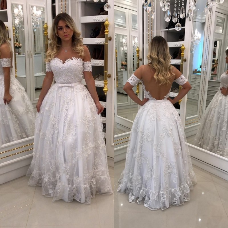 

Lace Wedding Dress White Off The Shoulder Plus Size Wedding Gowns Vintage Pearl Sexy Back Bridal Dresses, Ivory