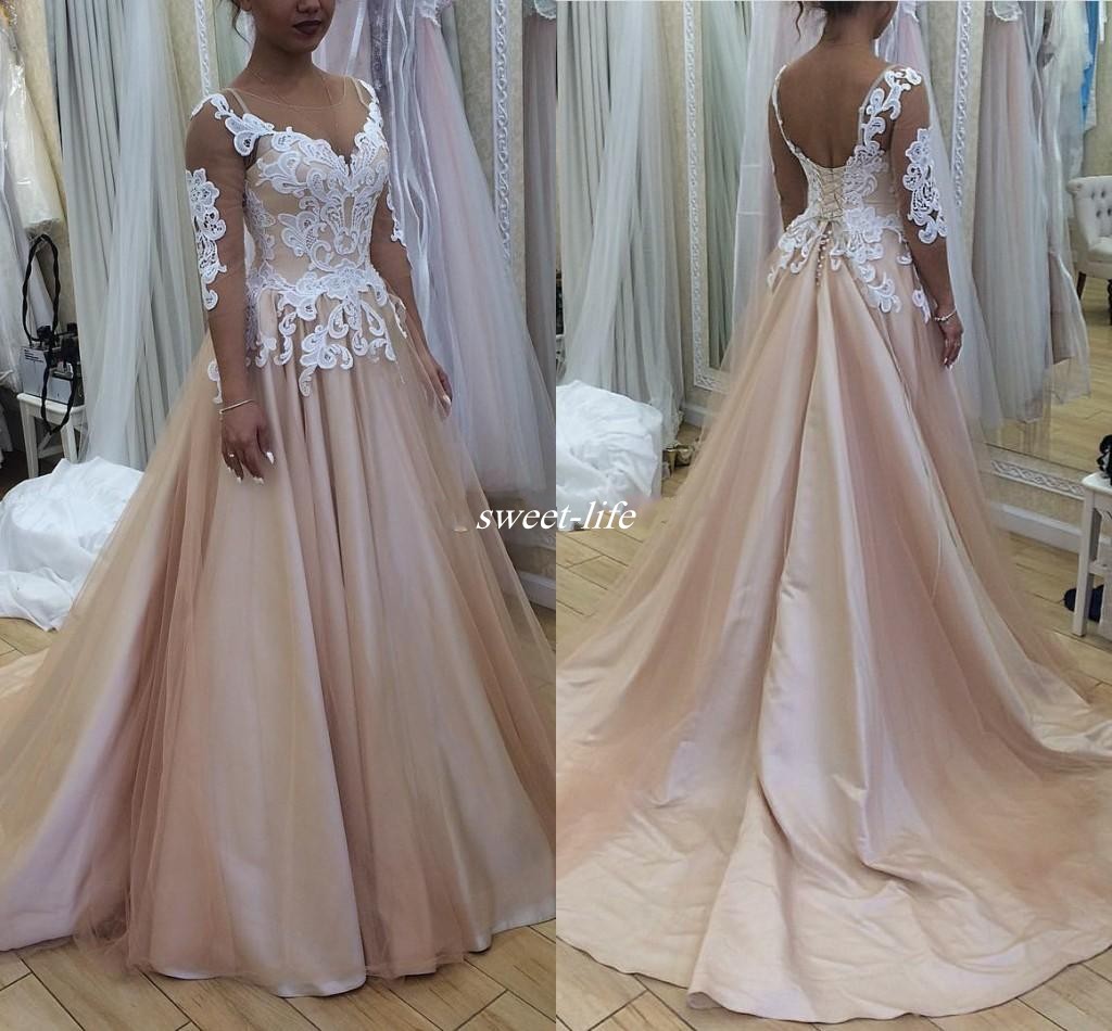 Country Wedding Dresses Sheer Neck 3 4 Long Sleeves Lace Tulle Satin A Line Wedding Gowns Backless Plus Size Bridal Dress 2020