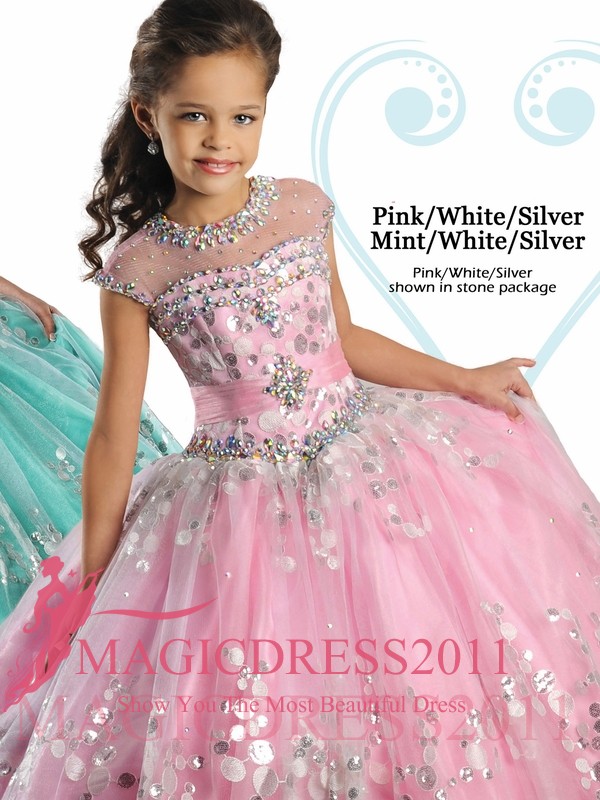 

2022 Girl's Pageant Dresses Beaded Ruffles Sheer Neck Ball Gown Floor Length Pink Blue Flower Girl Dresses Sequins Dress, White