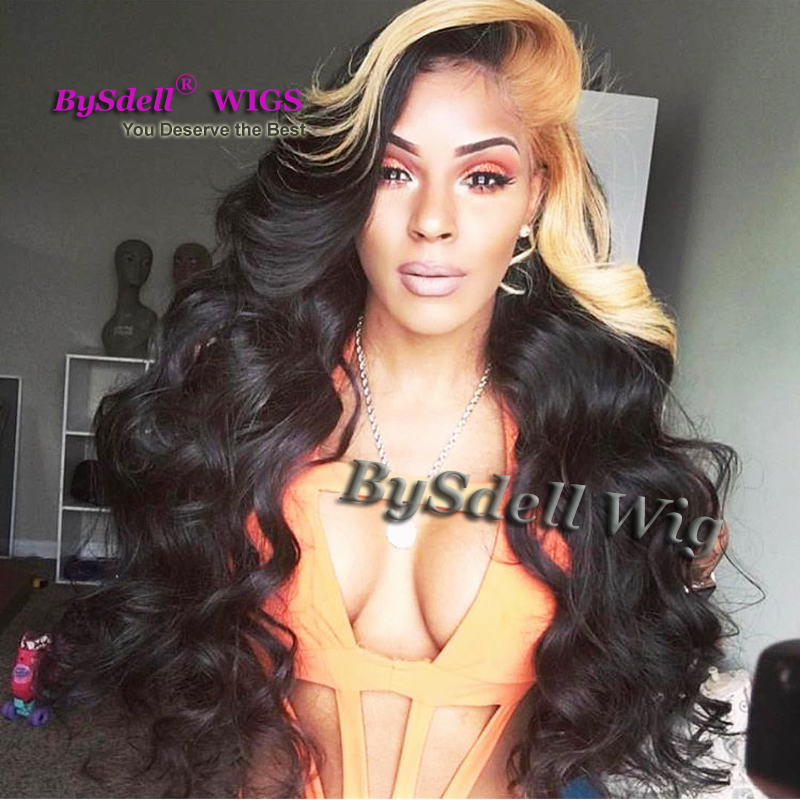 

Unique Long Body Wave Highlight Blonde Hair Match Dark black Color Wig Synthetic Heat Resistant Lace Front Wigs for Web Celebrity