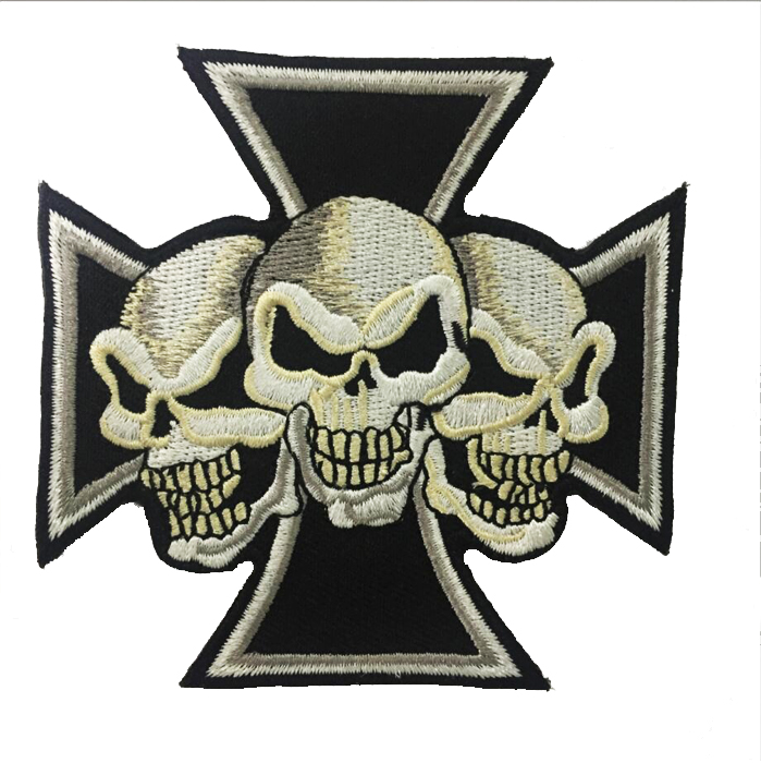 

Fantastic Maltese Cross Devil Triple Skulls Christian Embroidered Patch Iron On Sew On Patch For Biker Clothing Jacket Vest Free Shipping, Black