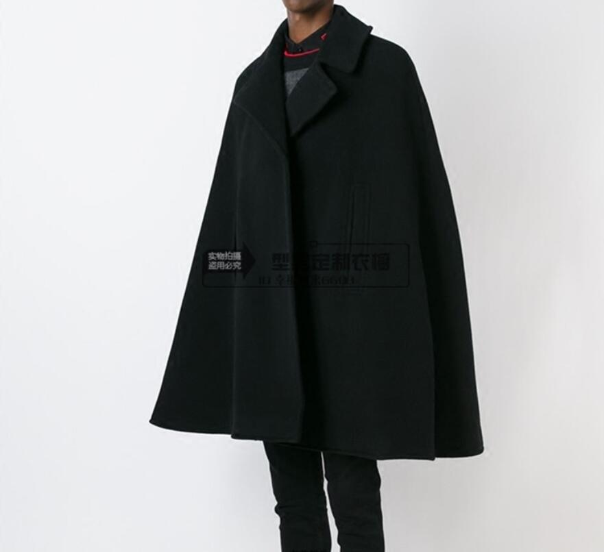 

Wholesale- Customize style New fashion Men cape coat loose long woollen overcoat woolen cloth thick coat autumn winter clothing, Black