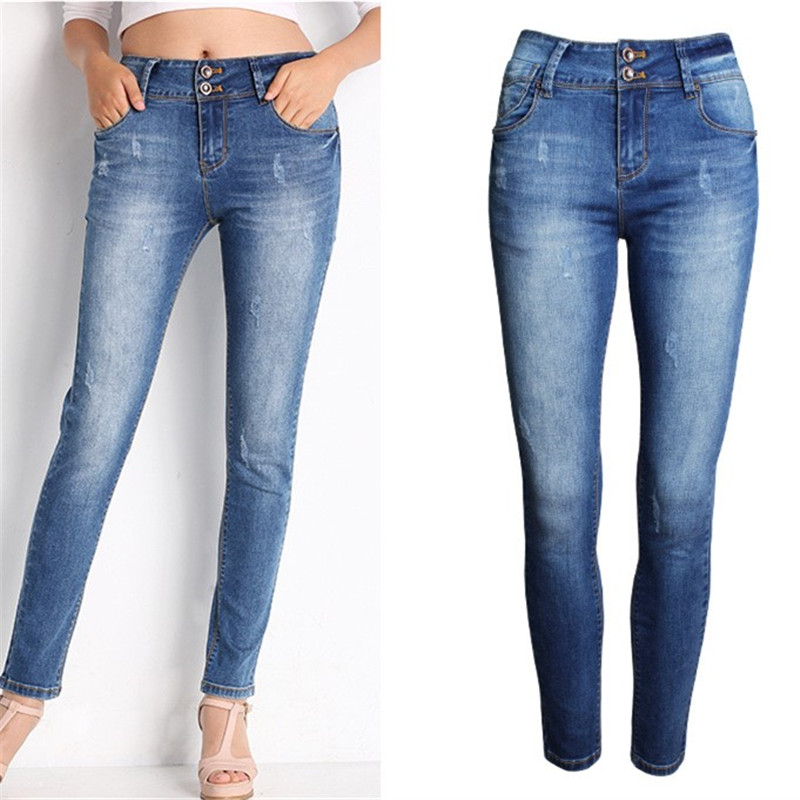 

Wholesale- New Arrivals Scratched Women Jeans European Fashion Mid Waist Skinny Denim Pants Plus Size Female Casual Pencil Pants 63376, 63376 photo color