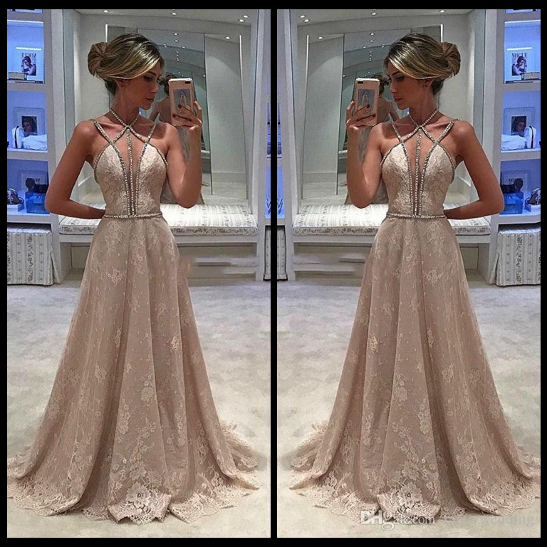 

Lace Prom Dresses vestidos de fiesta Halter A Line Sleeveless Crystal Beaded Lace Sexy Sweep Train Beautiful Hand Made Evening Party Gowns, Chocolate