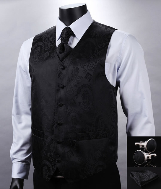 Wholesale- VE08 Black Paisley Top Design Men 100%Silk Waistcoat Wedding Vest Pocket Square Cufflinks Cravat Set for Suit Tuxedo