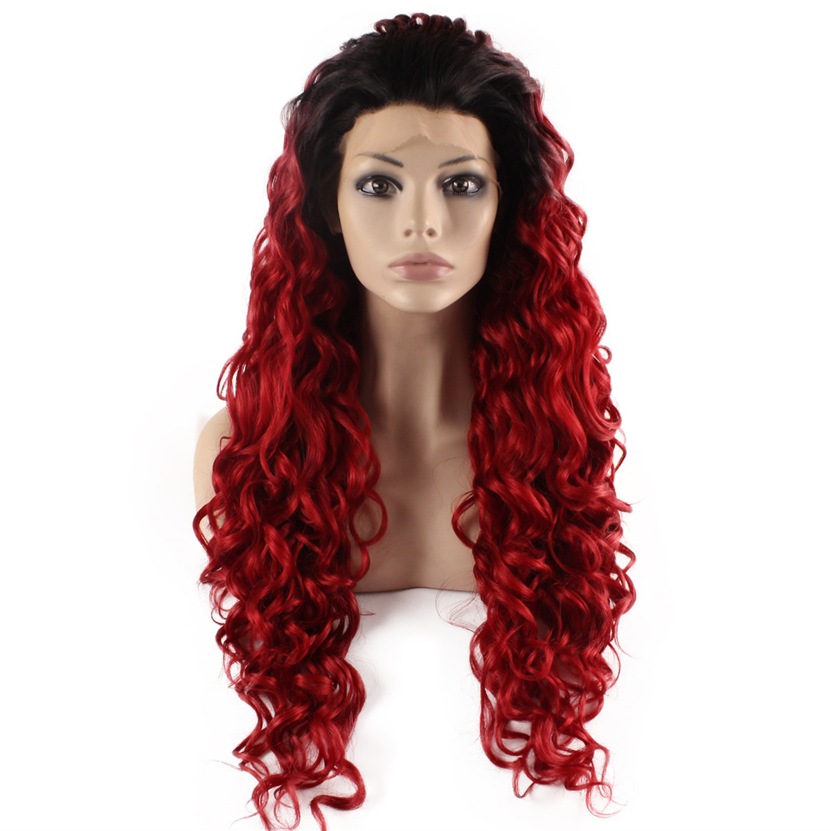 

26inch Long Curly Black Red Ombre Heat Resistant Hair Lace Front Wig, Ombre color