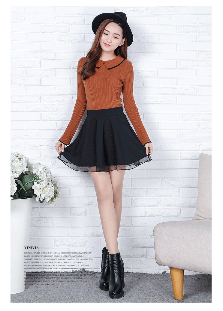 

Spring and summer hollowed-out skirt gauze spliced gauze high waist pleated skirt women's skirt tits bottom, Black
