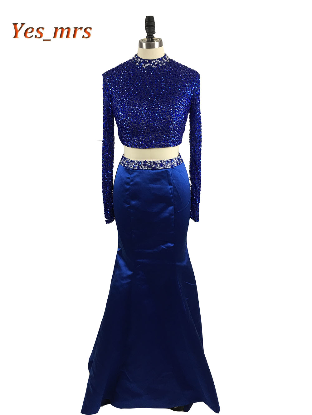

2017 New Two Pieces Prom Dresses High Collar Crystal Beaded Long Mermaid 2 Pieces Open Back Royal Blue Formal Party Dress Evening Gowns, Brown